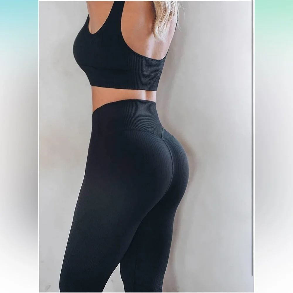 Black Ribbed Women's 2 Piece Activewear Set